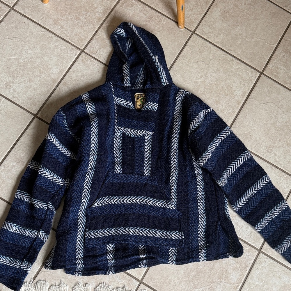 Baja Joe Navy and White Hooded Baja Sweater